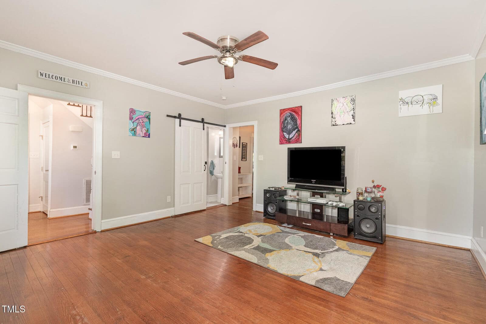 A bright living room with hardwood floors, a ceiling fan, wall art, a TV on a stand with speakers, and a decorative rug. A white sliding barn door and open doorway lead to other rooms.