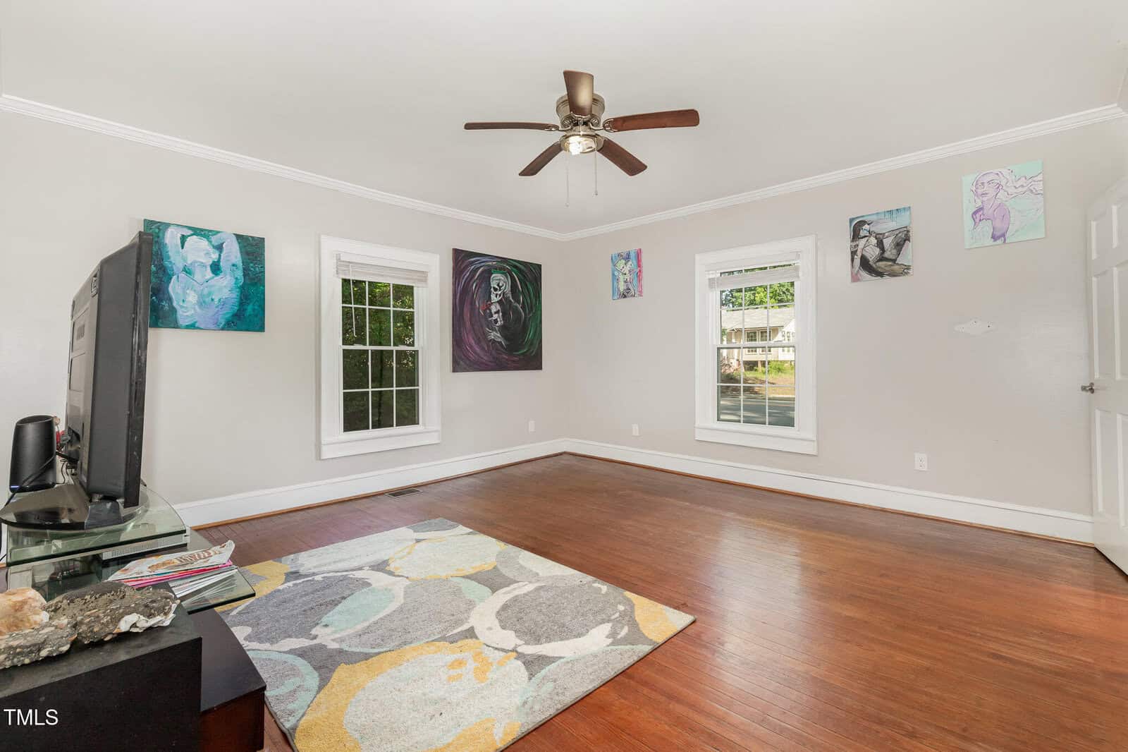 A mostly empty room with hardwood floors, two windows, a ceiling fan, wall art, a TV on a stand, and a multicolored rug. Walls are light gray with white trim; sunlight comes in through the windows.