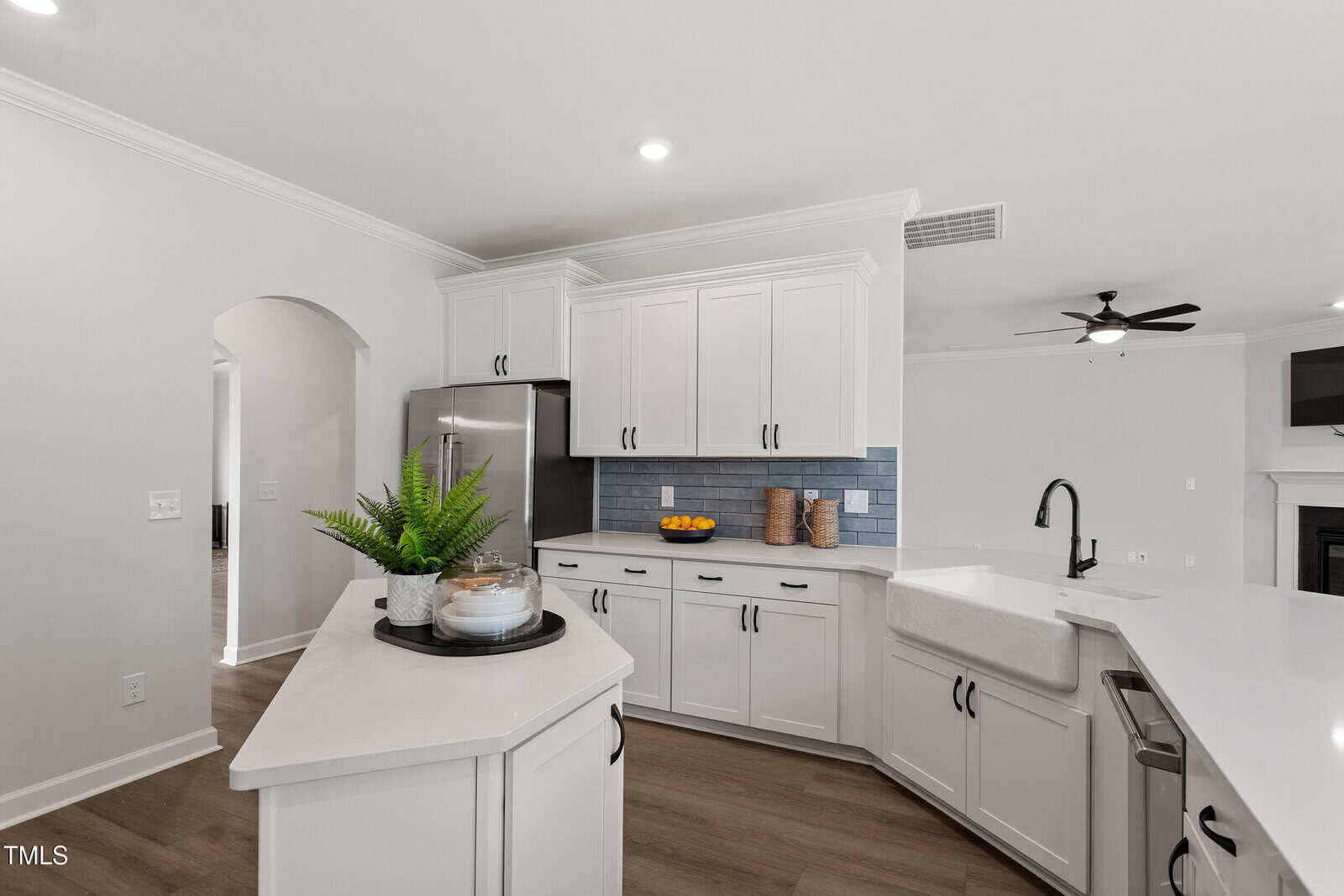 Modern kitchen with white cabinets, blue tile backsplash, farmhouse sink, stainless steel appliances, and a large island. A tray with plants and a jar sits on the counter. Adjacent living area visible in the background.