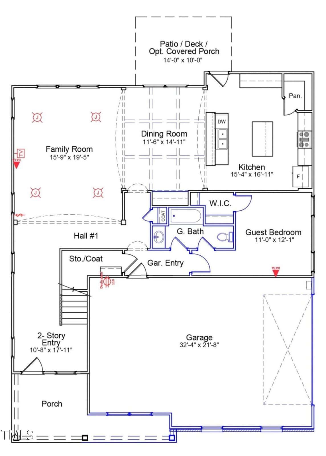 Floor plan of a house’s first level showing garage, 2-story entry, family room, dining room, kitchen with pantry, guest bedroom, full bath, coat closet, and patio/deck; rooms are labeled with dimensions.
