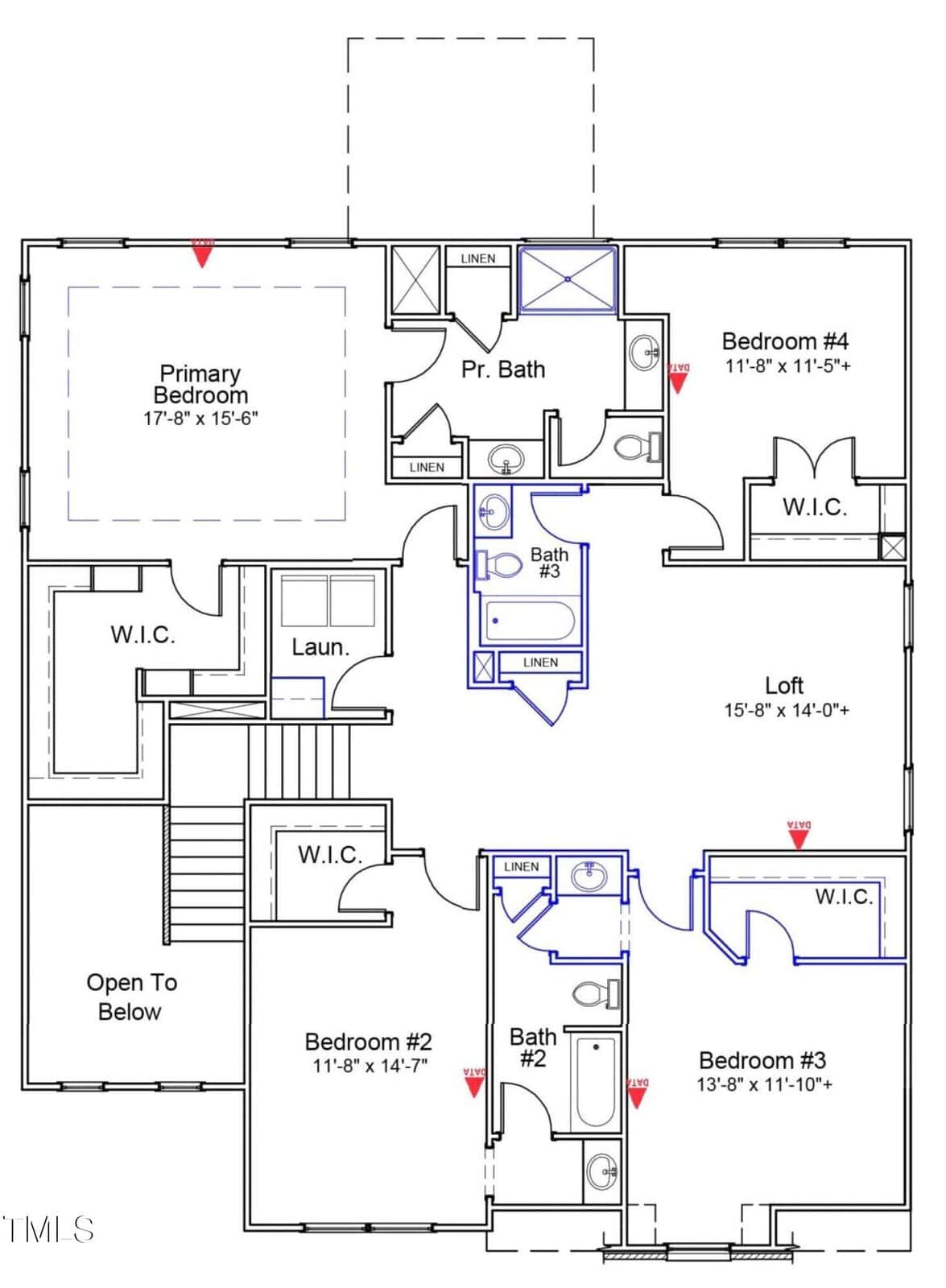 Floor plan showing a second story with four bedrooms, three bathrooms, a loft, laundry room, multiple walk-in closets, linen closets, and stairs leading down. The primary bedroom is on the left with an en-suite bath.