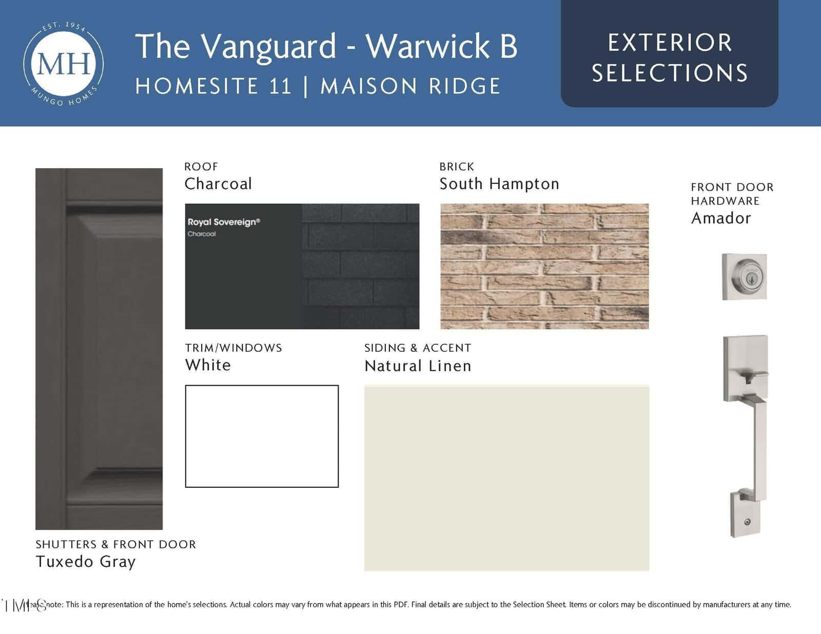 A selection board displaying exterior finishes: charcoal roof, white trim/windows, South Hampton brick, natural linen siding/accent, tuxedo gray shutters and front door, and silver Amador front door hardware.