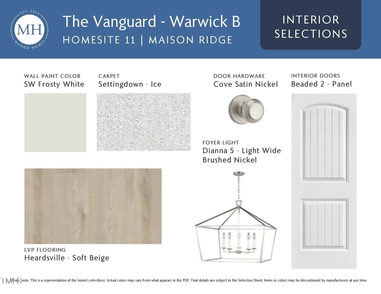 Interior selections board for The Vanguard - Warwick B home, showing samples of white wall paint, speckled light carpet, soft beige flooring, brushed and satin nickel hardware, a 5-light chandelier, and a beaded white door.