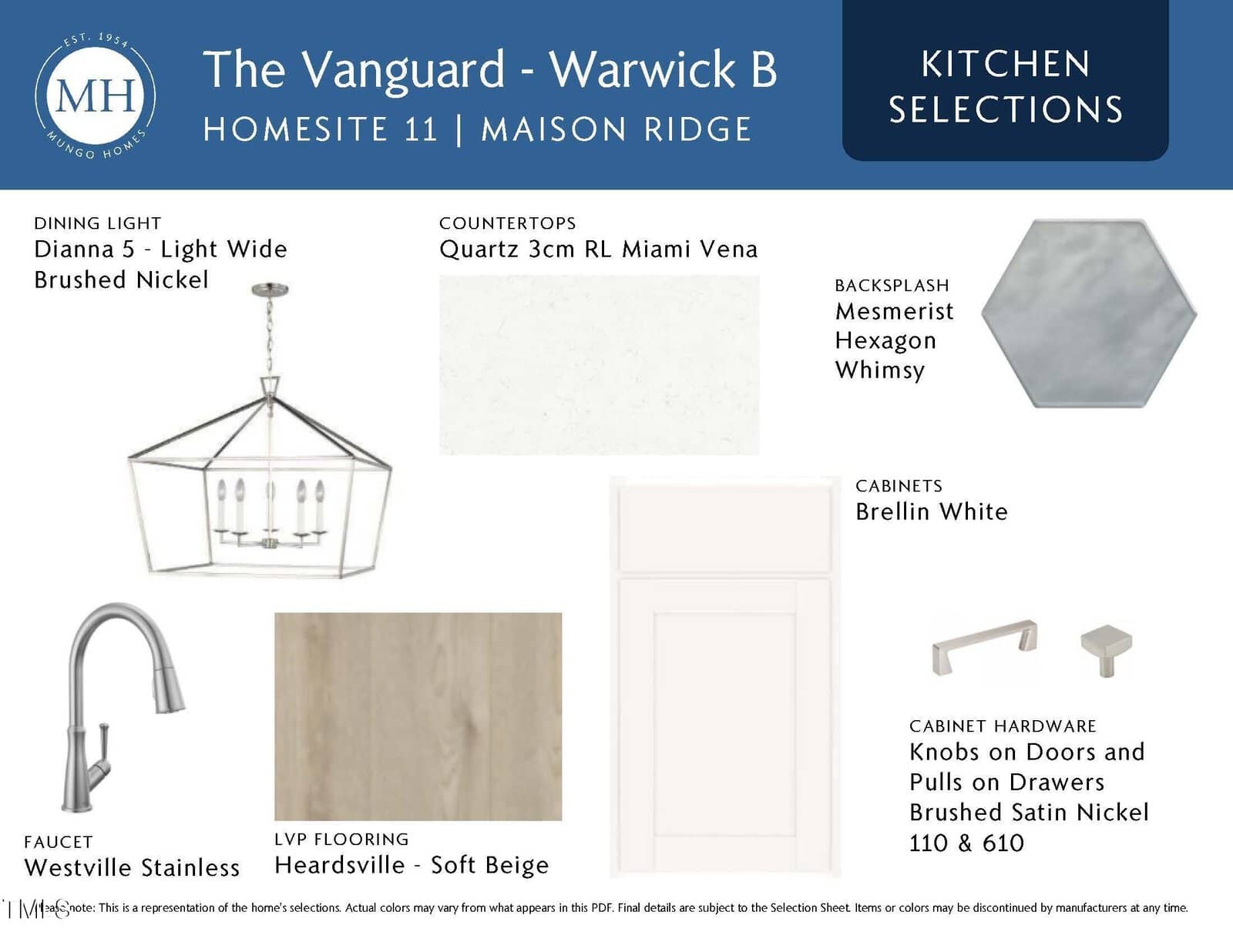 A kitchen selection board for “The Vanguard - Warwick B” showing light fixture, countertop, hexagon backsplash, faucet, flooring, cabinet color, and hardware choices with product names and finishes.