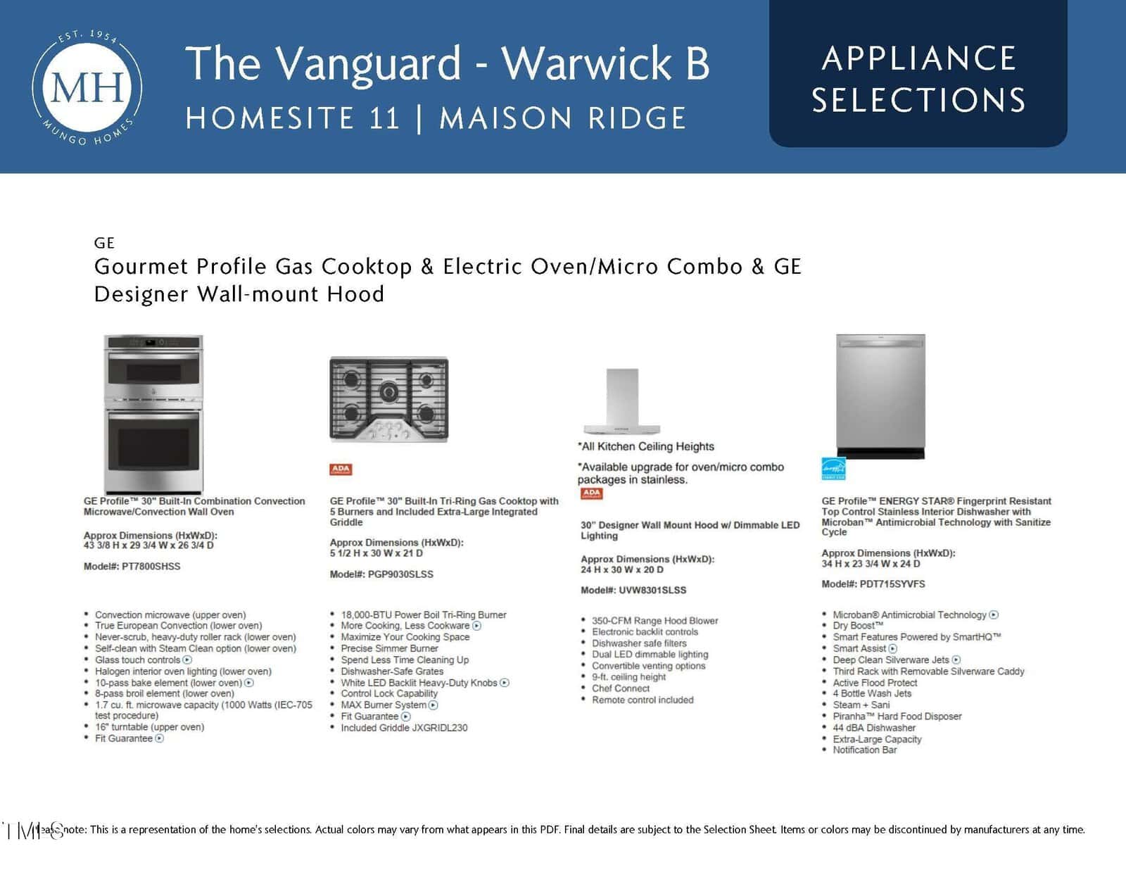 Image showing appliance selections for The Vanguard - Warwick B, Homesite 11, Maison Ridge. Includes images and specs for a GE cooktop/oven/microwave combo, GE wall-mount hood, and GE dishwasher with ENERGY STAR® rating.
