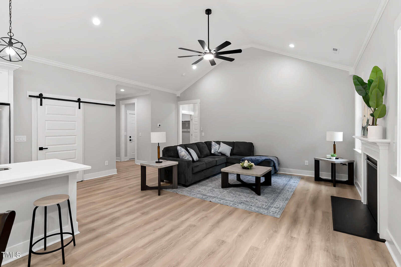 Modern living room with light wood floors, gray sectional sofa, coffee table, and area rug. Ceiling fan, fireplace, plants, and lamps add to the decor. Open layout leads to a white kitchen island with bar stools.