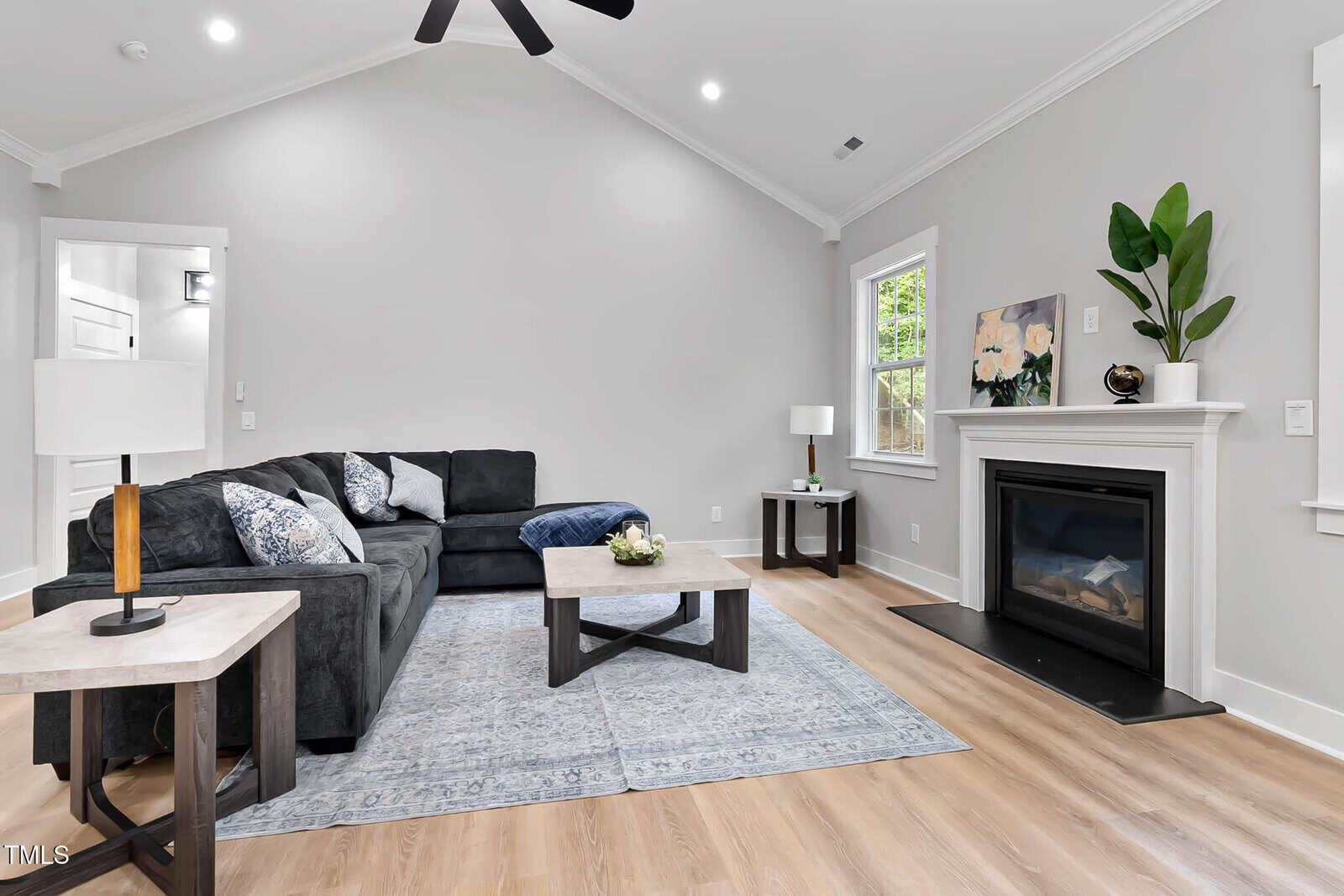 A modern living room with a dark sectional sofa, light blue rug, coffee and side tables, a fireplace with decor, a large plant, and light gray walls with wood flooring and plenty of natural light.