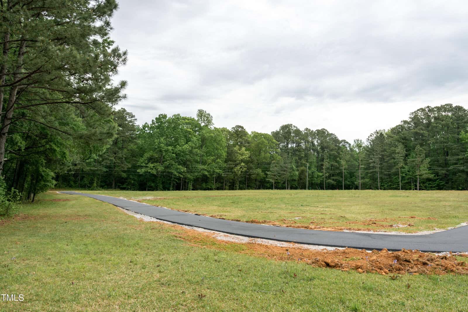 A paved path curves through an open grassy field bordered by trees under a cloudy sky. Some exposed soil is visible near the path’s edge on both sides.