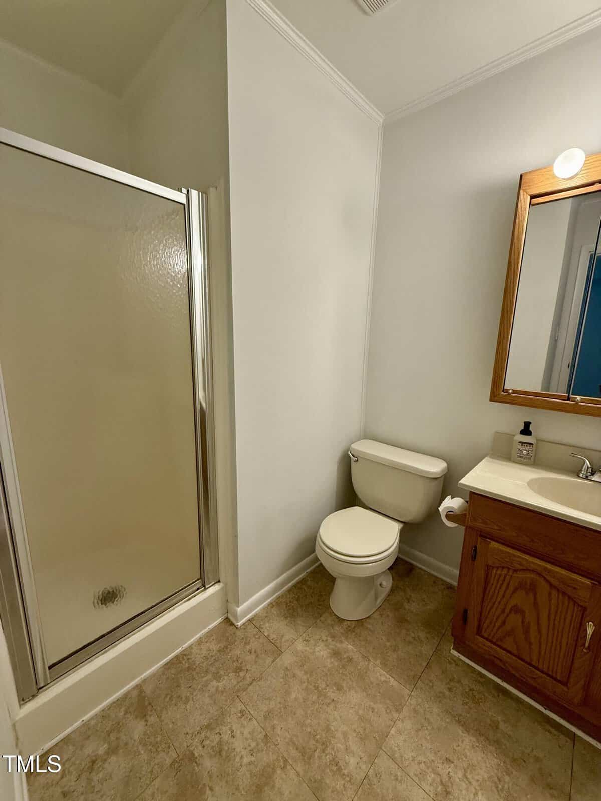 A bathroom with a glass-enclosed shower on the left, a white toilet in the center, and a wooden vanity with a sink, mirror, and light above on the right. The floor is tiled and the walls are white.