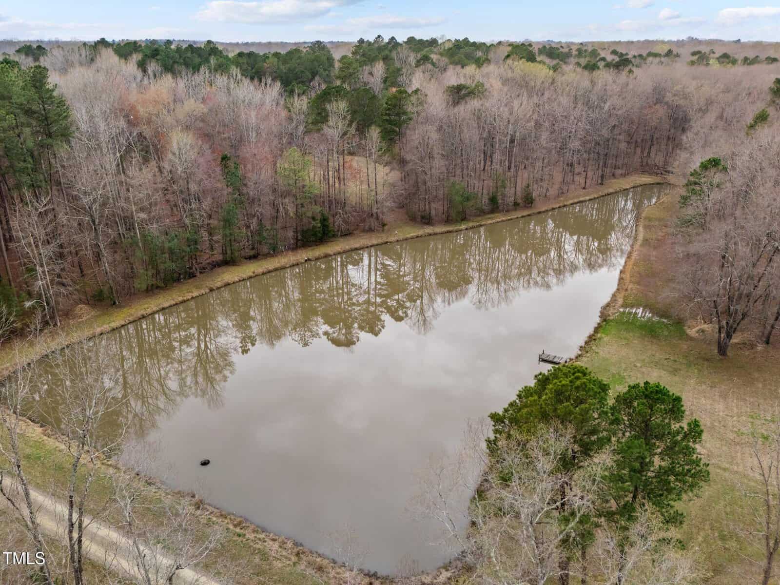 Aerial view of a calm, tree-lined pond surrounded by bare and evergreen trees, with a small dock on one side and a dirt path running along the edge.