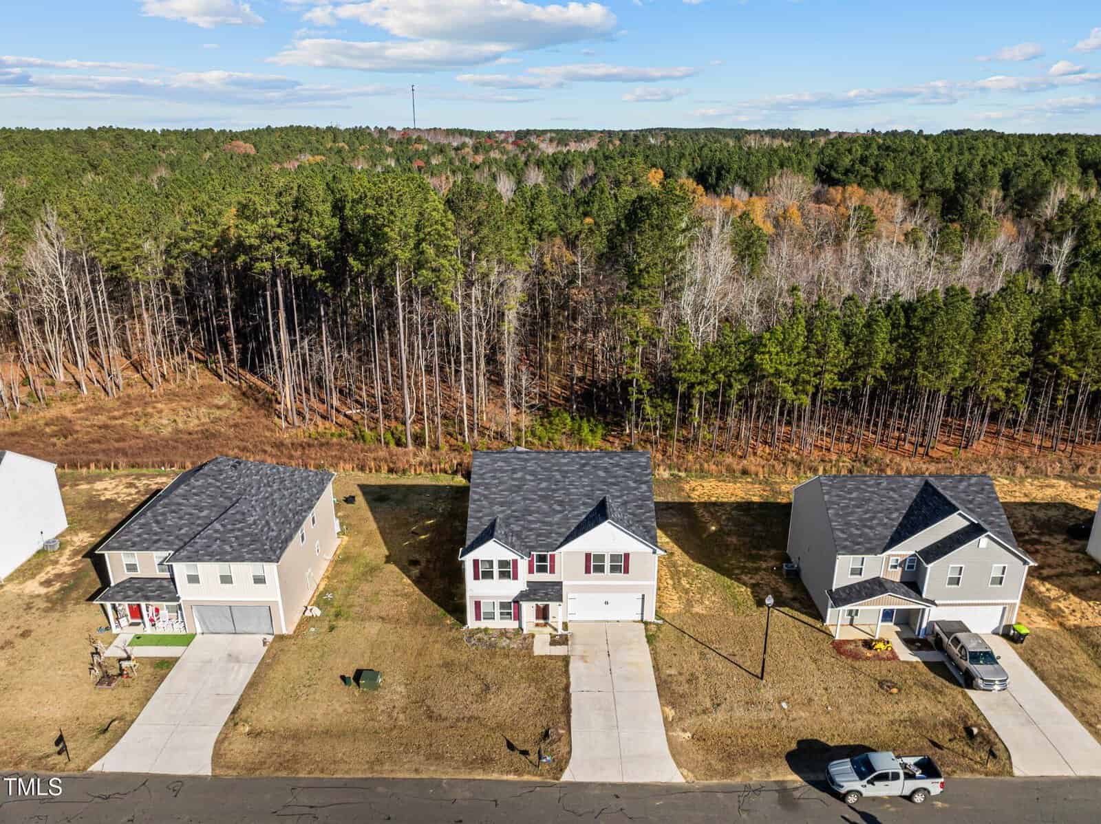 Aerial view of three suburban houses with driveways and lawns, facing a street. Behind the houses is a dense forest with a mix of pine trees and deciduous trees, under a partly cloudy sky.