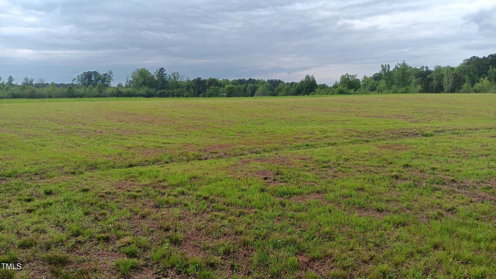 A large, open grassy field with sparse patches of dirt, bordered by green trees under a cloudy sky. The landscape appears flat and stretches toward a tree line in the distance.