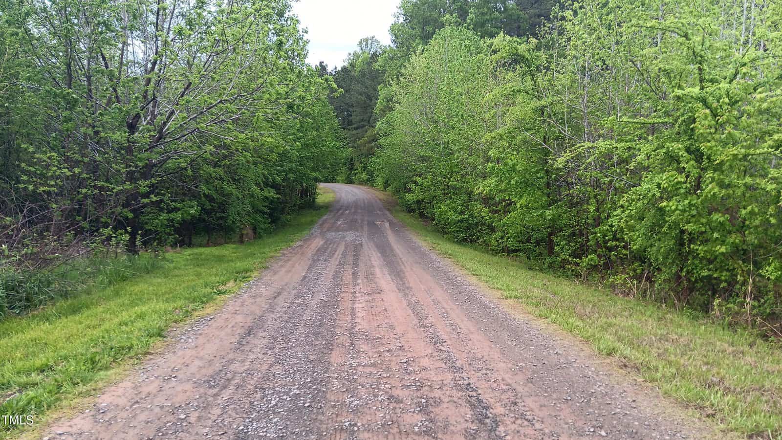 A gravel road curves gently to the left, surrounded by dense green trees and grass on both sides under a partly cloudy sky.