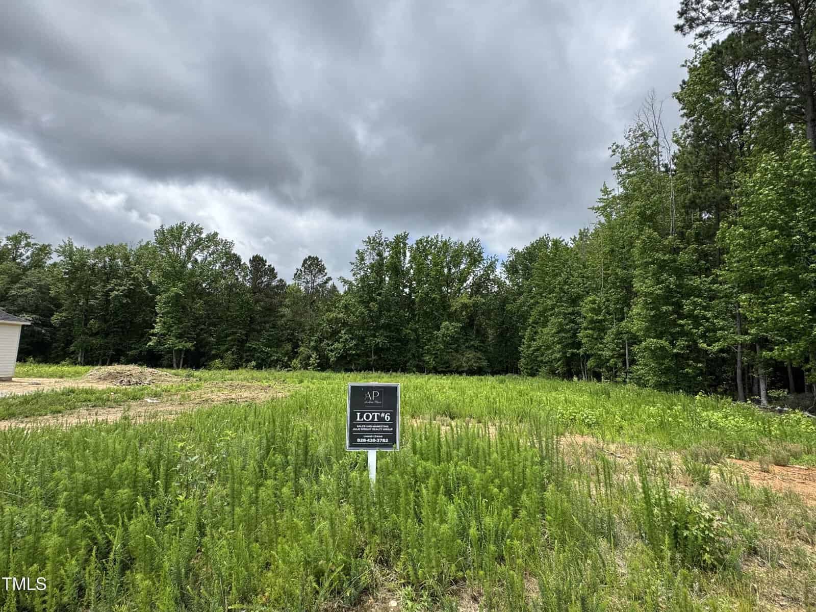 A cleared grassy lot bordered by tall green trees under a cloudy sky. A black and white sign in the foreground reads "AP Lot 6" with additional contact information underneath.