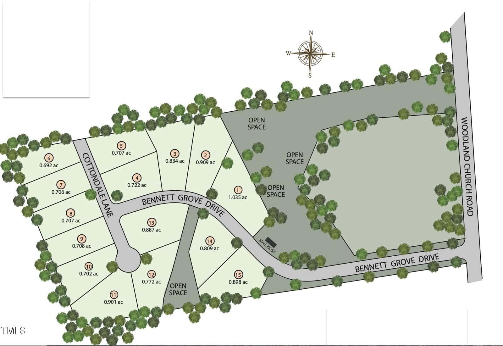 A site map showing a residential development with labeled lots, streets named Cottondale Lane and Bennett Grove Drive, open space areas, trees, and a compass indicating north; Woodland Church Road runs along the right side.