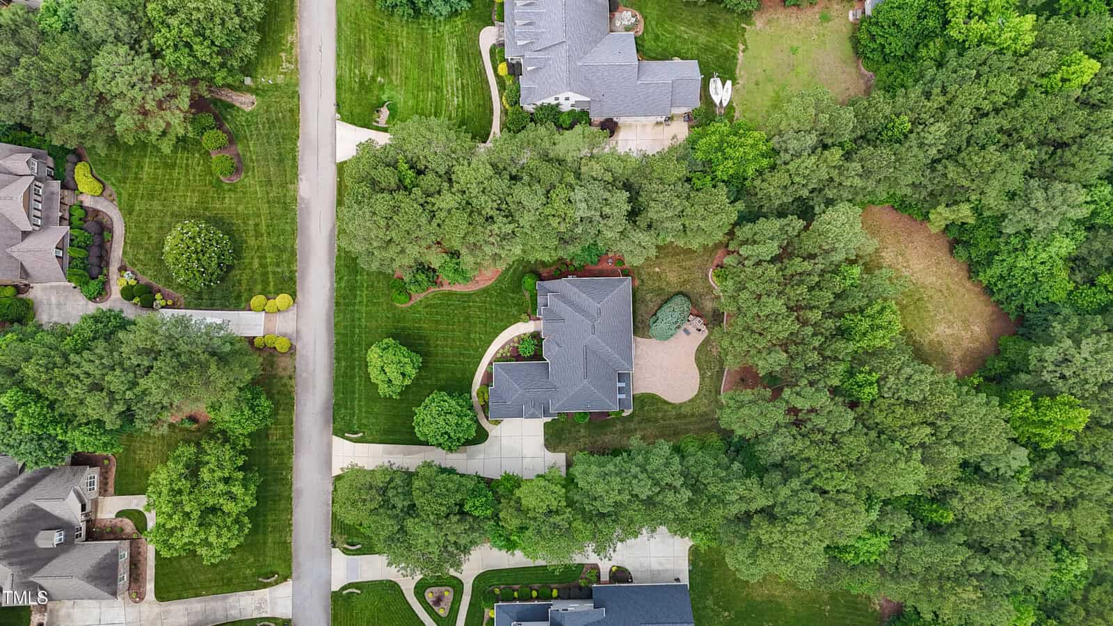 Aerial view of a suburban neighborhood with large houses, driveways, manicured lawns, and surrounding trees. Several homes are separated by roads and patches of dense greenery.