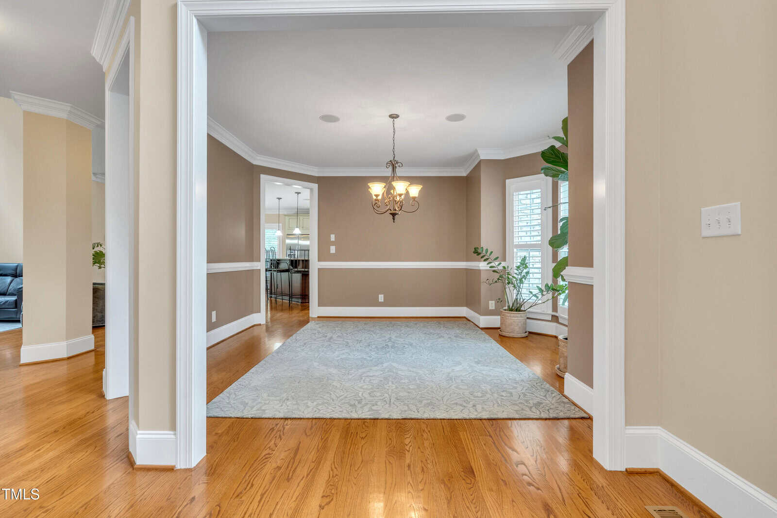 A spacious dining room with hardwood floors, beige walls, a chandelier, a large window with white shutters, a light blue rug, and a tall potted plant in the corner.