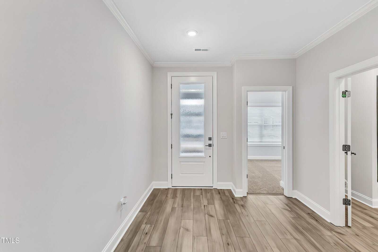 A modern entryway with light gray walls, wood-look tile flooring, a white front door with a frosted glass panel, and two open doorways leading to carpeted rooms.