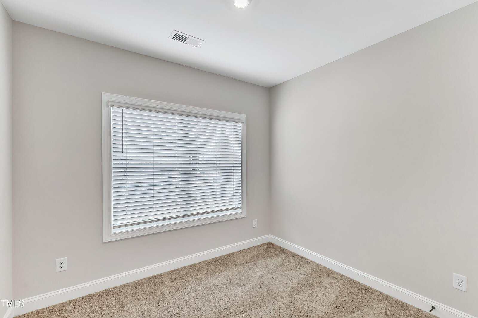 A small empty room with beige carpet, light gray walls, a large window with white blinds, and a white ceiling with a recessed light.