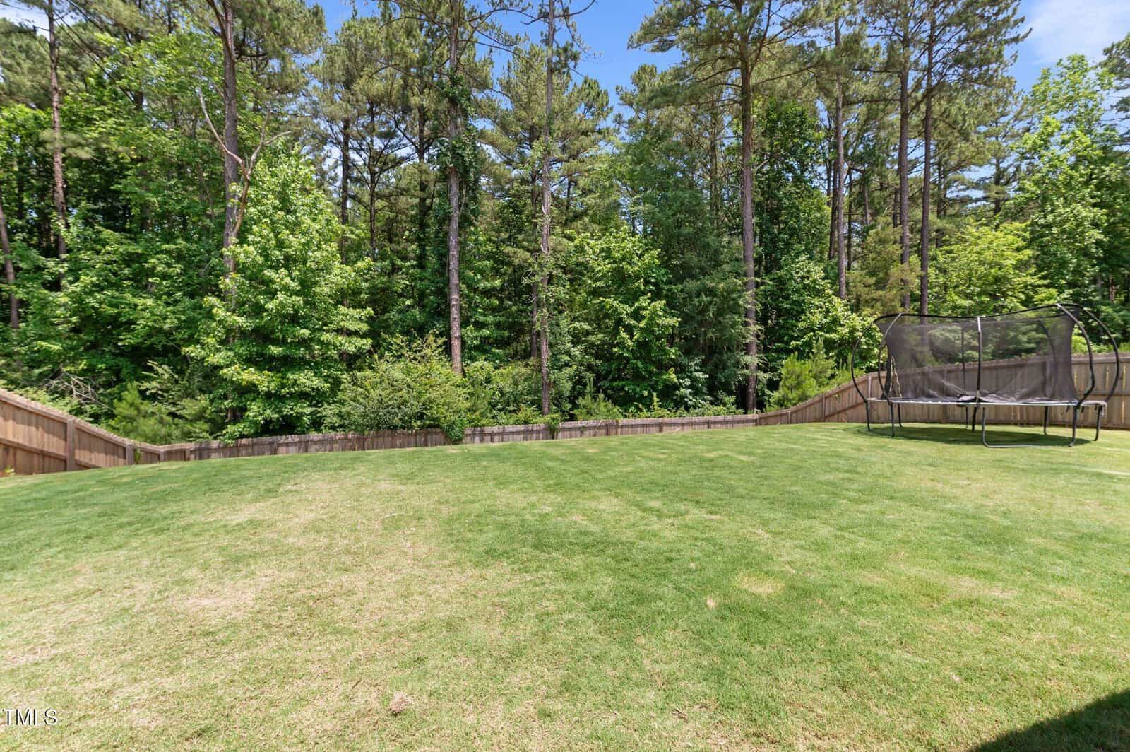 A spacious backyard with green grass, bordered by a wooden fence, tall trees, and dense forest. There is a trampoline in the right corner of the yard. The sky is clear and blue.