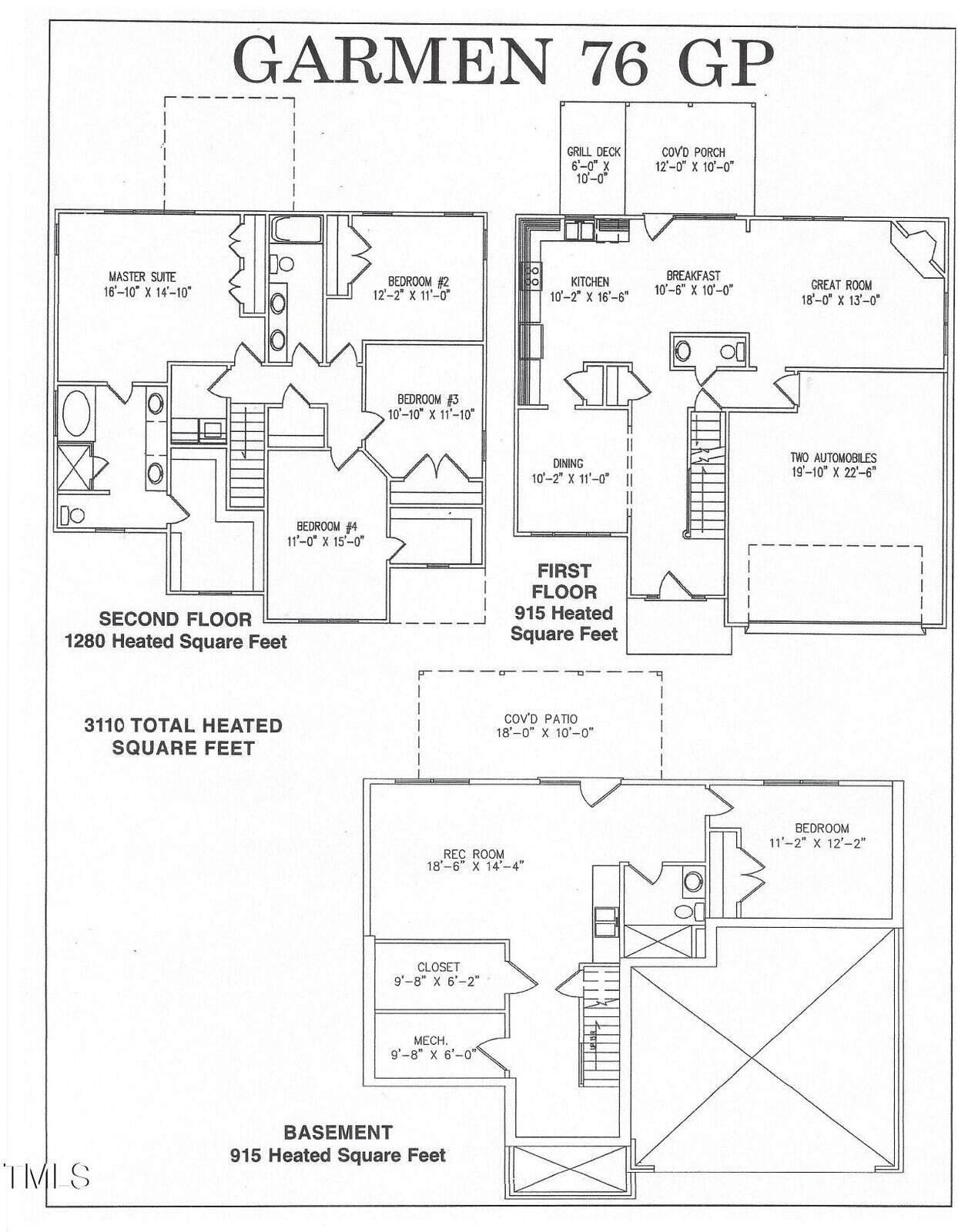 Black and white floor plan for a house labeled "GARMEN 76 GP," showing the layout for the first floor, second floor, and basement, each with measurements and room labels, including bedrooms, bathrooms, and living spaces.