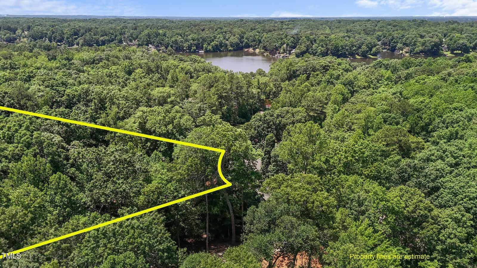Aerial view of a wooded area with a yellow outline marking a property boundary, dense green trees throughout, and a lake visible in the background under a partly cloudy sky.