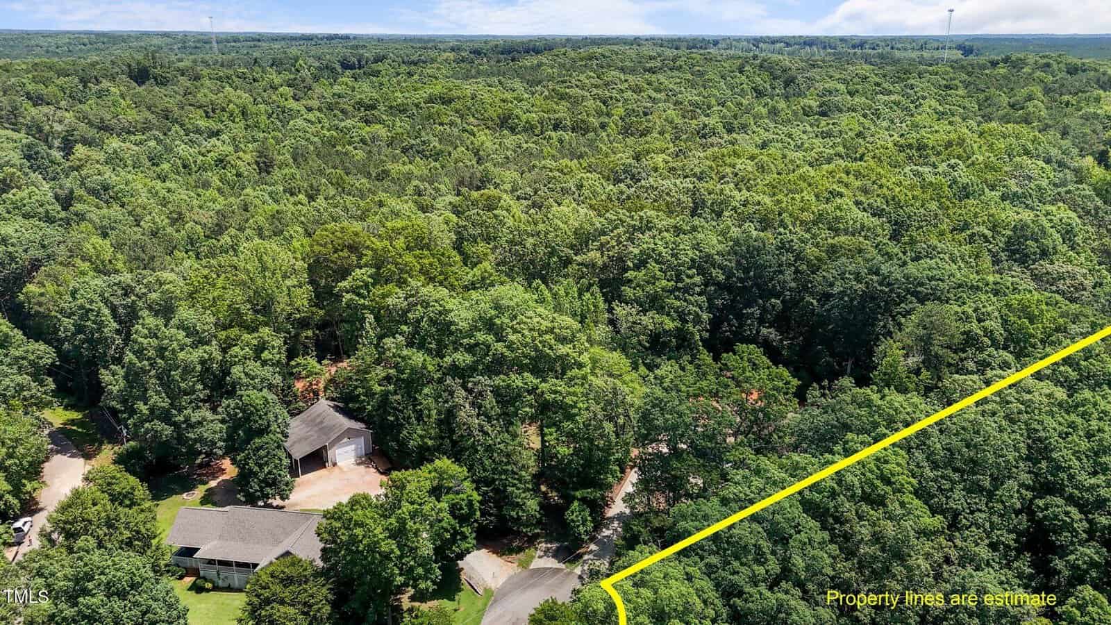 Aerial view of a wooded area with two houses near a road. A yellow line marks estimated property lines through the trees. Dense green forest surrounds the homes, and sky is partly cloudy above.