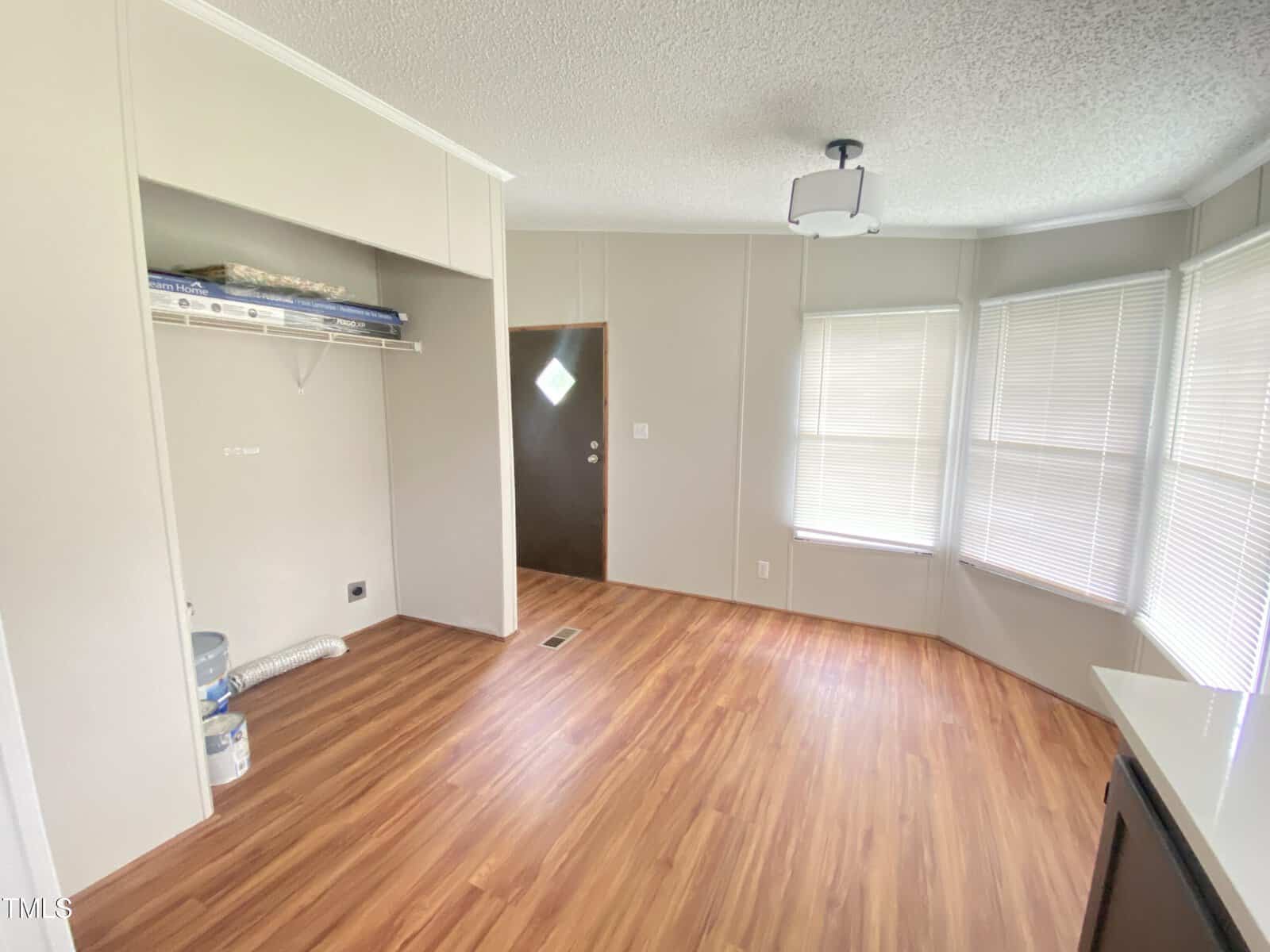 Empty room with light-colored walls, wood-look flooring, an open closet with shelves, a ceiling light fixture, large windows with blinds, and a dark front door with a small window.