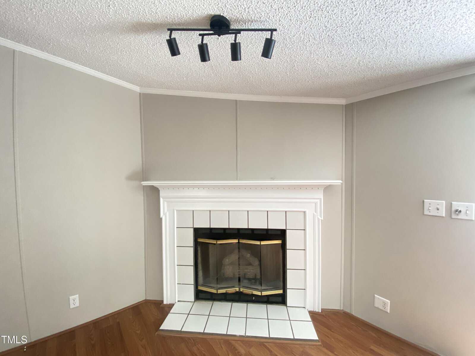 A white fireplace with a tiled surround and glass doors is set against light gray walls. A black track light fixture is on the ceiling above, and hardwood floors meet the fireplace in a corner of the room.