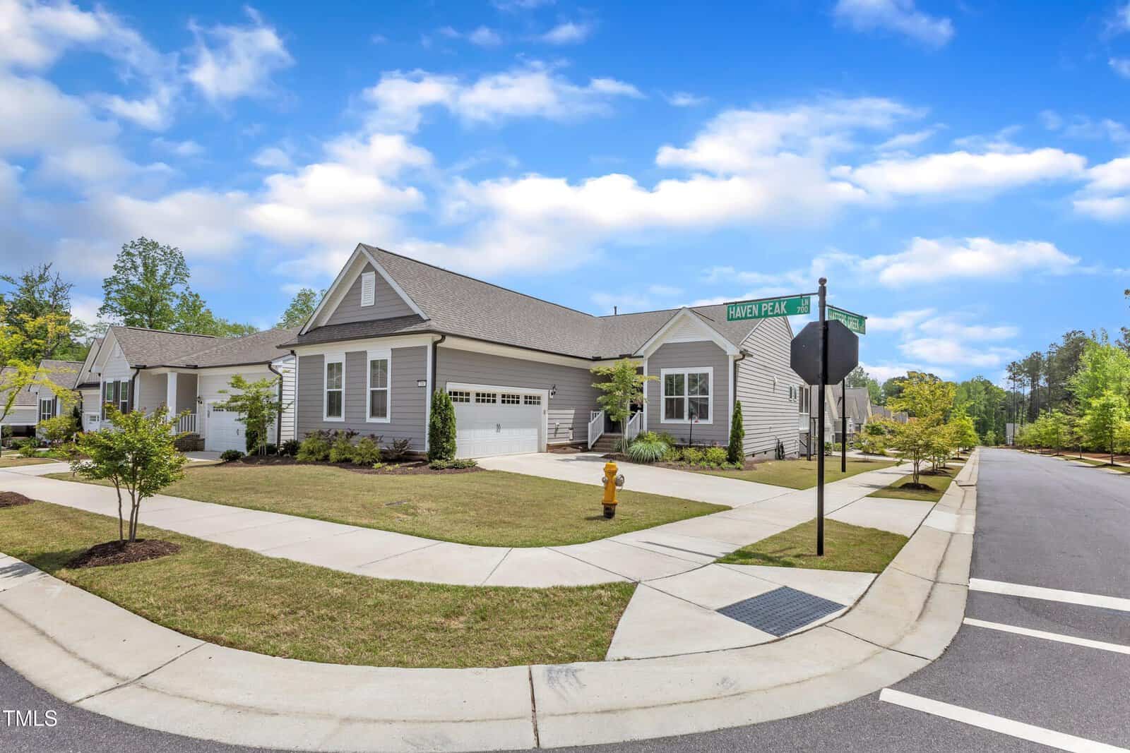 Single-story beige house with a two-car garage on a corner lot. Manicured lawn, young trees, and a fire hydrant are visible. Street signs read “Grand Peak”. Blue sky with scattered clouds in the background.