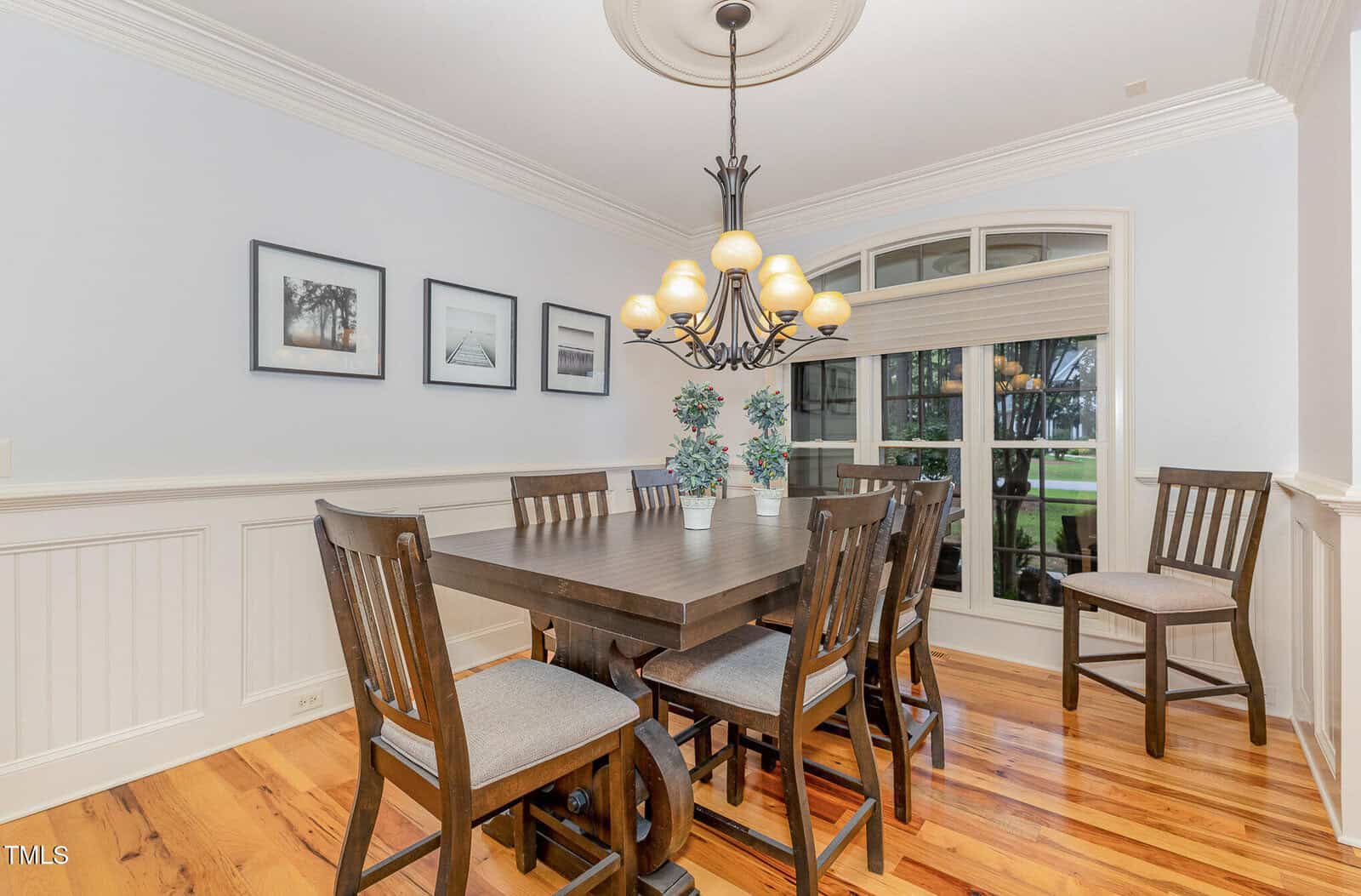 Bright dining room with a dark wood table, six chairs, two potted plants as centerpieces, wood floors, chandelier lighting, large window with outdoor view, and three framed photos on a pale wall.