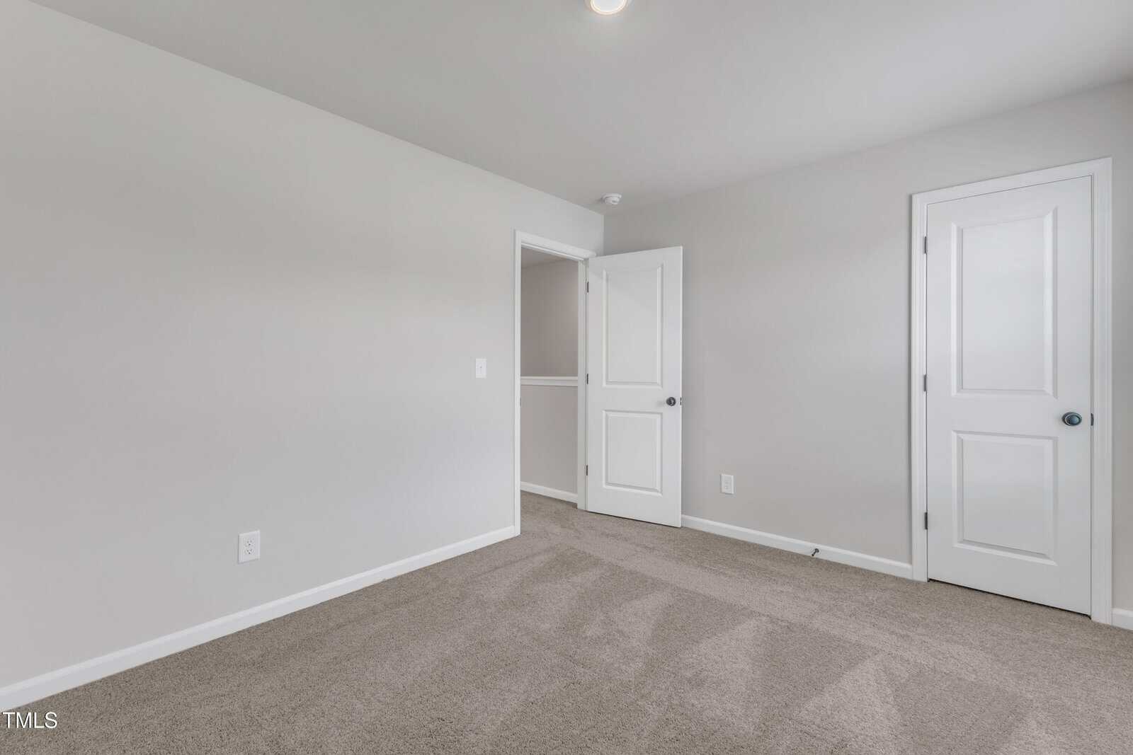 Empty room with light gray walls, beige carpet, a closed white door on the right, and a partially open white door in the center. Ceiling light is on, and natural light comes in from an unseen window.