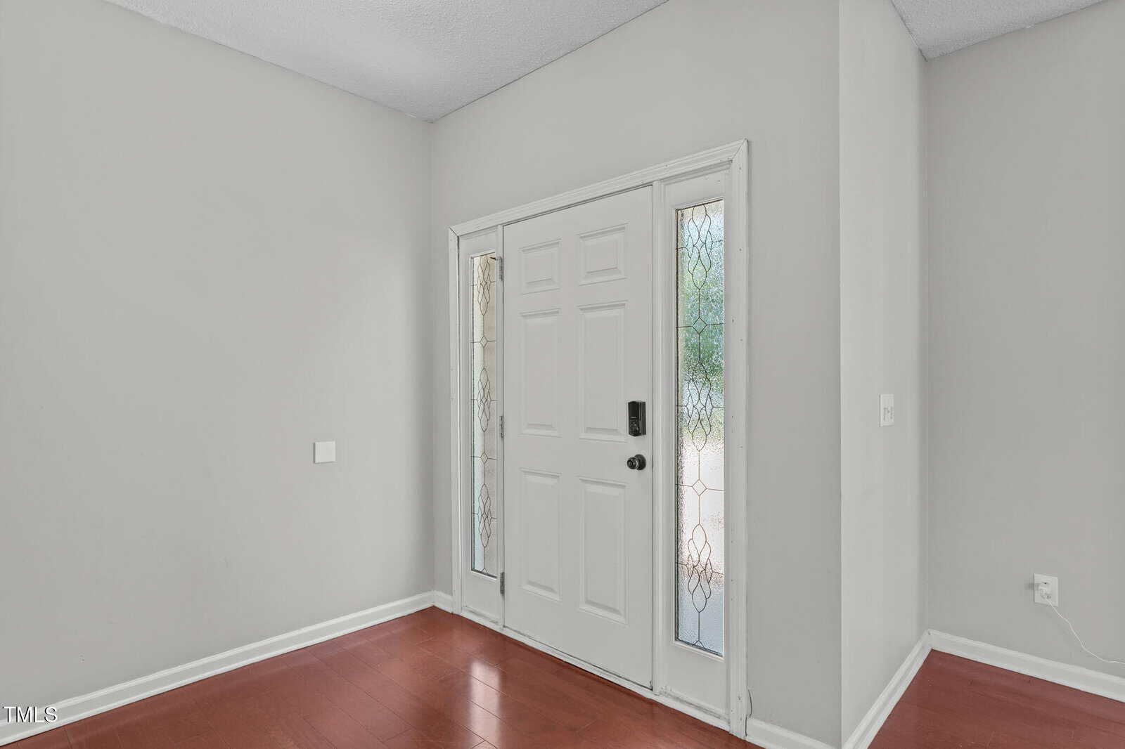 A white front door with a black handle is centered between two narrow, decorative glass panels. The entryway has light gray walls and reddish-brown wood flooring. Natural light is visible through the glass.