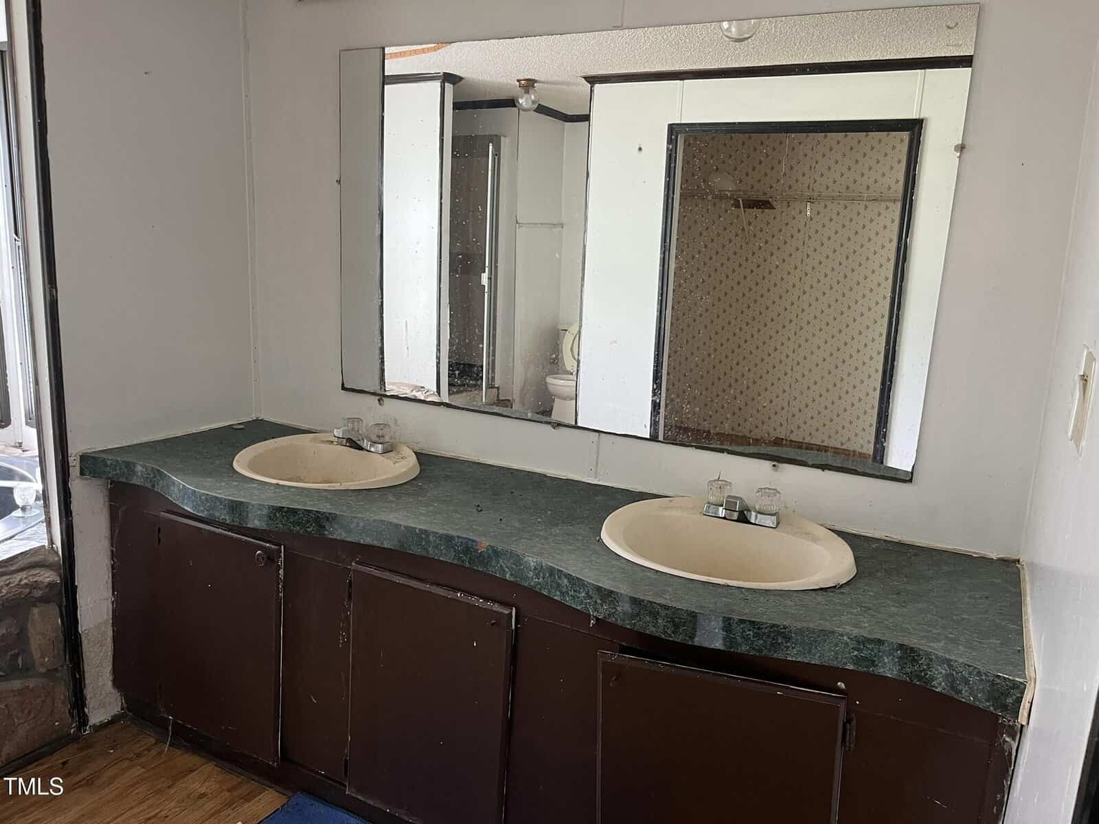 A bathroom with a double sink vanity, green countertop, and large mirror. The cabinetry below is dark brown, and the sinks appear worn. In the mirror, a toilet and bathtub with a patterned shower curtain are visible.