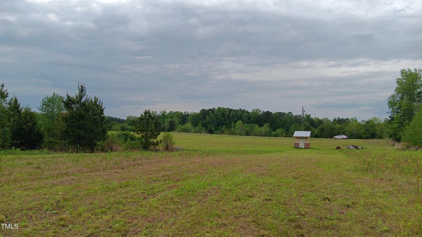 Wide grassy field with scattered trees under a cloudy sky. A small shed is near the center-right, with a white vehicle parked farther back on the right. Distant treeline marks the horizon.