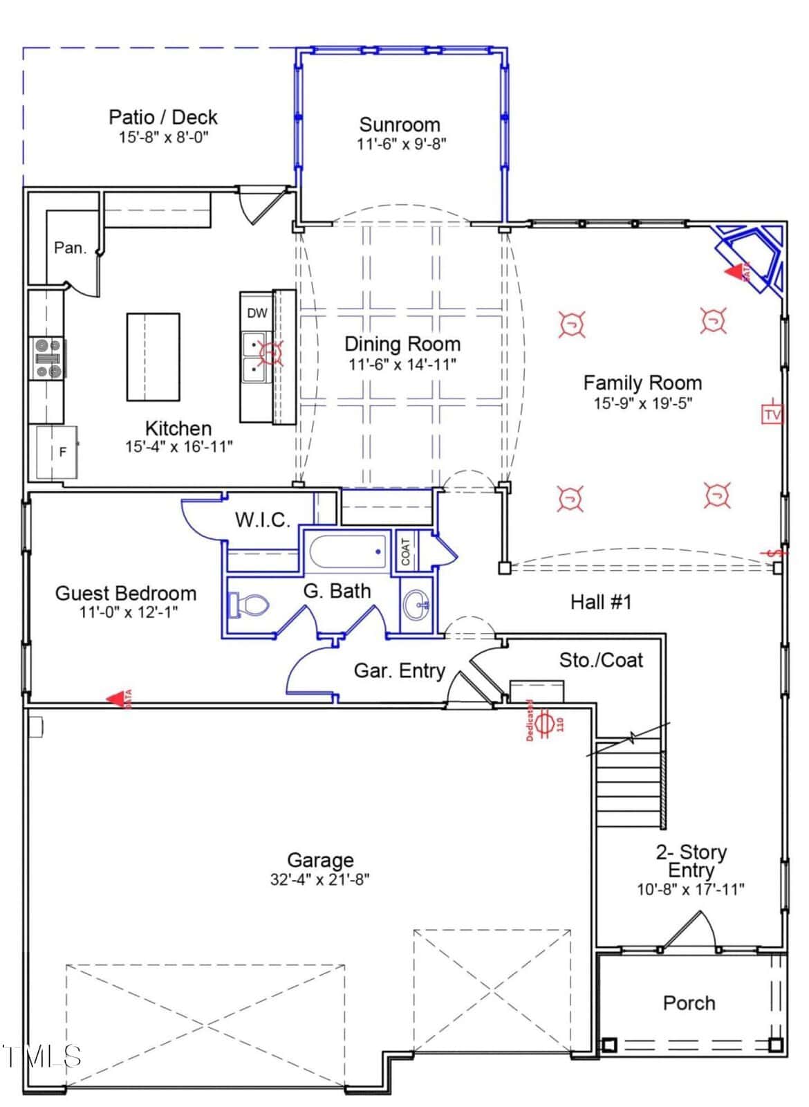 First floor house plan showing garage, guest bedroom, full bath, kitchen, dining room, family room, sunroom, patio/deck, pantry, coat storage, foyer, and entry porch. Room labels and measurements are included.