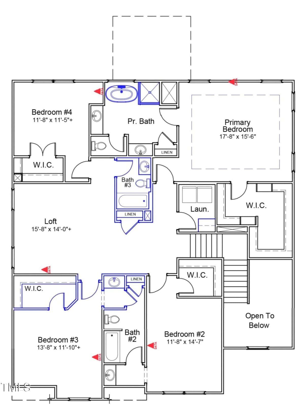 Second floor house plan with four bedrooms, three bathrooms, a loft area, laundry space, two walk-in closets, linen closets, and stairs leading down. Arrows indicate doors and entryways throughout the layout.
