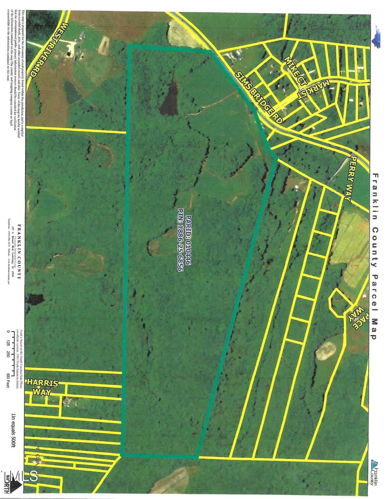 A parcel map of Franklin County shows a large, outlined property labeled "179.93 Acres PIN 1563-38-5336" surrounded by wooded areas and intersected by yellow property lines and nearby roads.