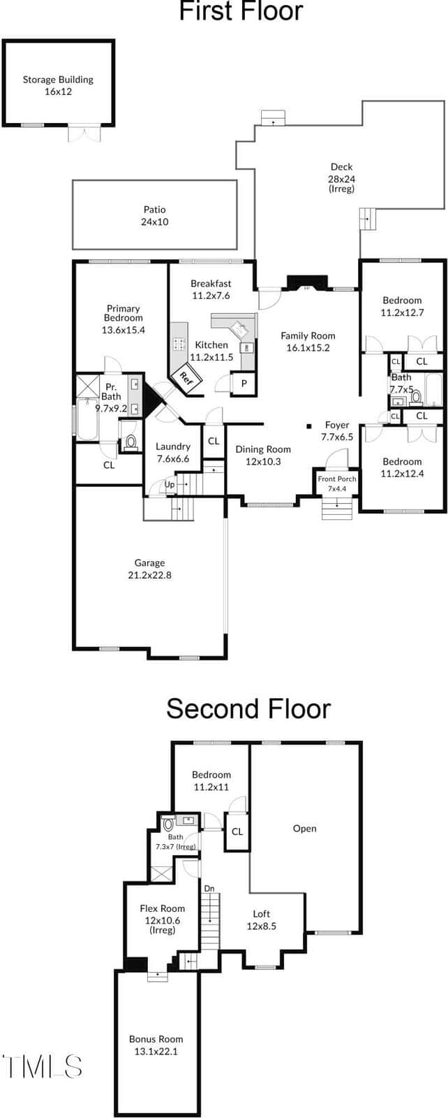 Black and white floor plan of a two-story house showing labeled rooms, including bedrooms, kitchen, dining, family, laundry, garage, patio, deck, flex room, bonus room, and storage building with measurements.