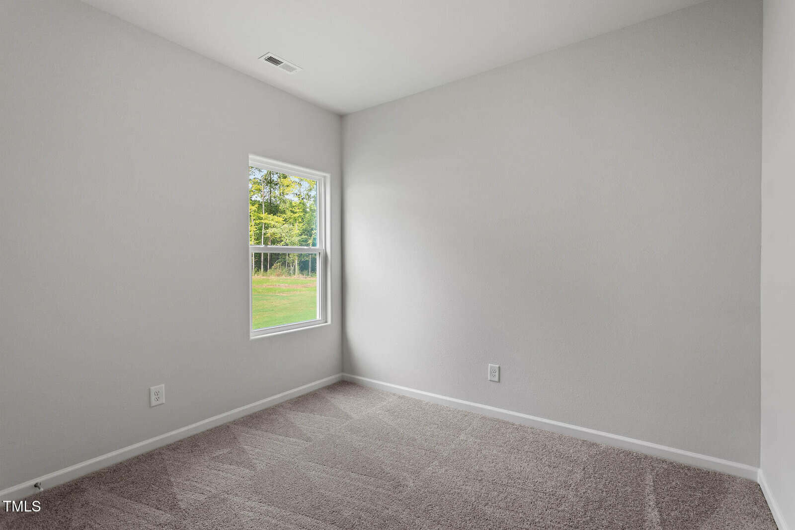 Empty room with light gray walls, beige carpet, and a single window showing green trees and grass outside. There are two electrical outlets and white trim along the floor.