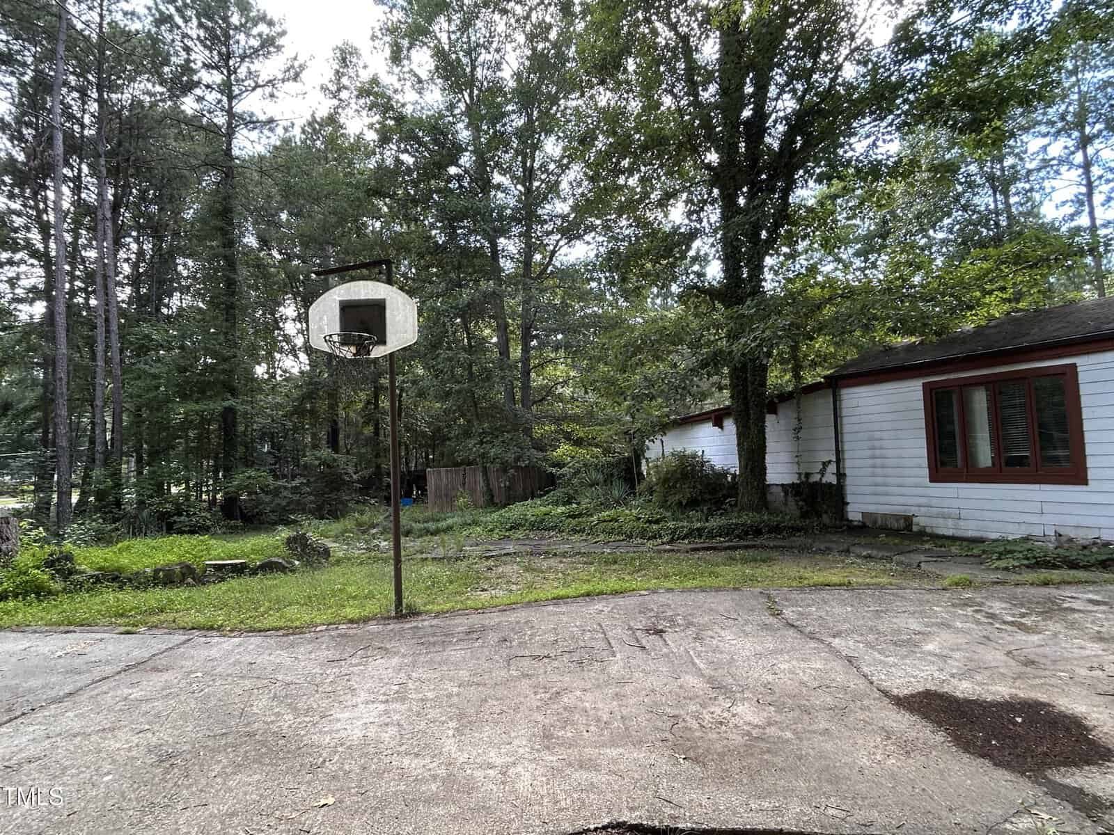 A weathered basketball hoop stands on a cracked concrete driveway beside a white house surrounded by tall trees and greenery on a cloudy day.