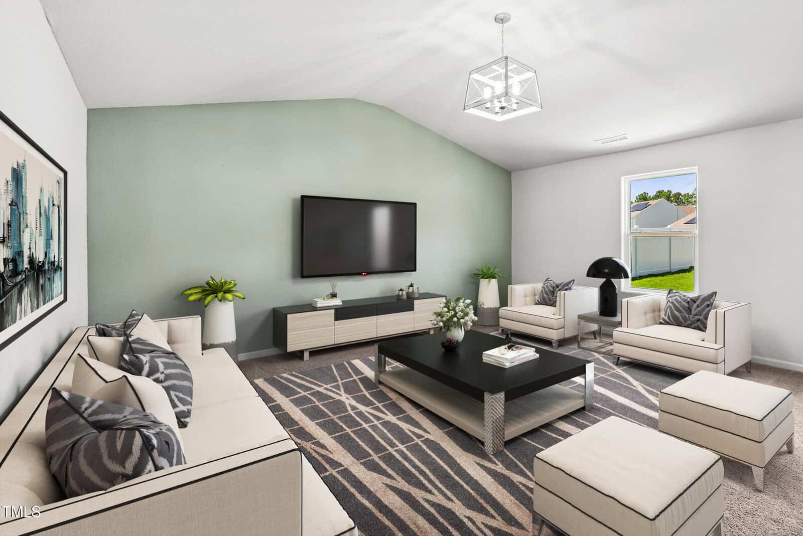 A modern living room with light-colored furniture, a black coffee table, a large wall-mounted TV, and a window showing a green yard. The walls are painted white and green, and a geometric rug covers the floor.