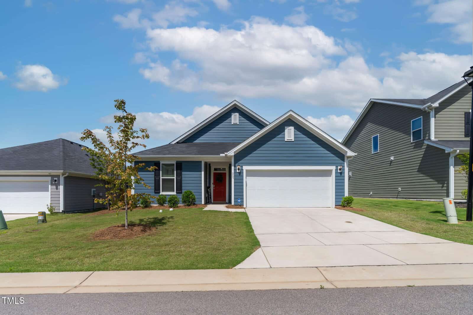 A single-story blue house with white trim, a red front door, and a double garage. The driveway and walkway are concrete, with a small tree and lawn in the front yard. Neighboring houses are visible on both sides.