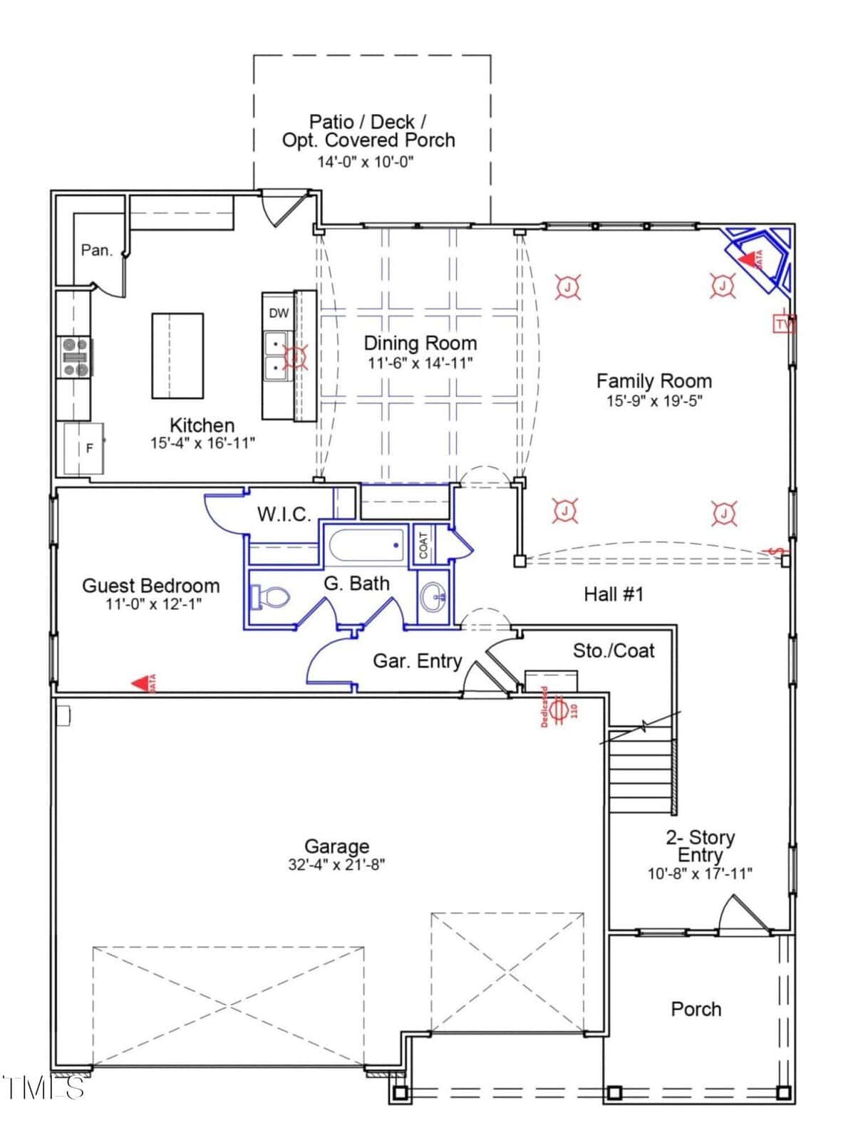 Floor plan of a house showing a garage, guest bedroom, full bath, kitchen with pantry, dining room, family room, walk-in closet, two-story entry, covered porch, and labeled measurements for each room.