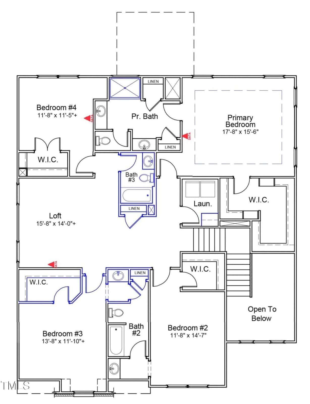 Floor plan of a house's upper level showing four bedrooms, three bathrooms, a loft, laundry room, stairs, linen closets, and walk-in closets in all bedrooms, with the primary bedroom being the largest.