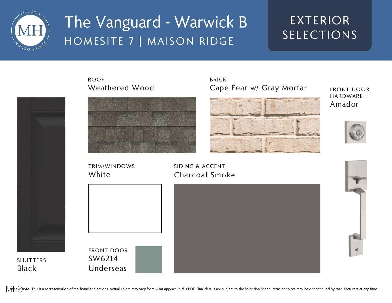 A design board for The Vanguard - Warwick B exterior selections shows samples for shutters (black), roof (weathered wood), brick (cape fear with gray mortar), trim/windows (white), siding and accent (charcoal smoke), and front door (underseas).