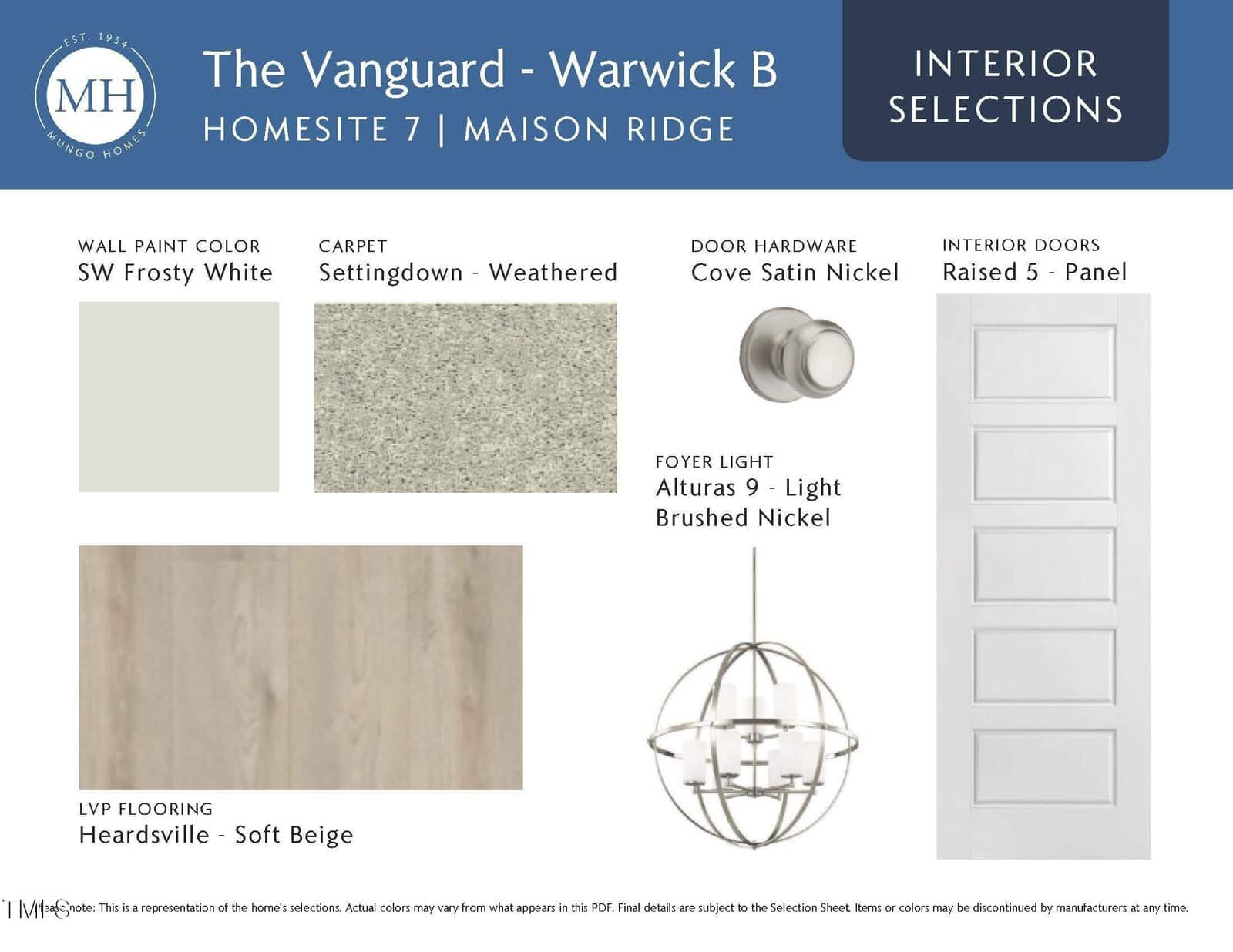 Interior selections board for a home, showing samples of white wall paint, weathered countertop, soft beige flooring, satin nickel door hardware, brushed nickel foyer light, and a 5-panel raised white door.