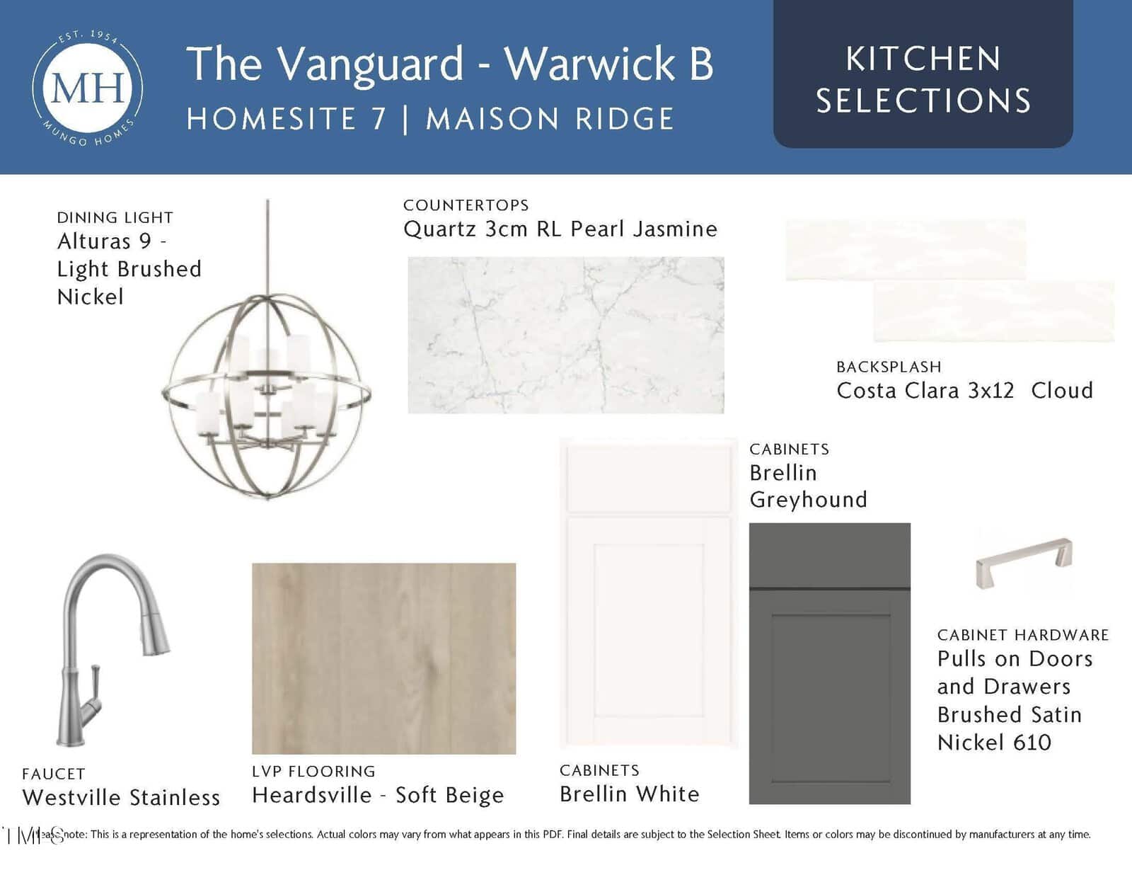 A kitchen selection board showing a pendant light, quartz countertop, white tile backsplash, stainless steel faucet, light wood flooring, light beige cabinet, grey cabinet, and brushed satin nickel hardware.