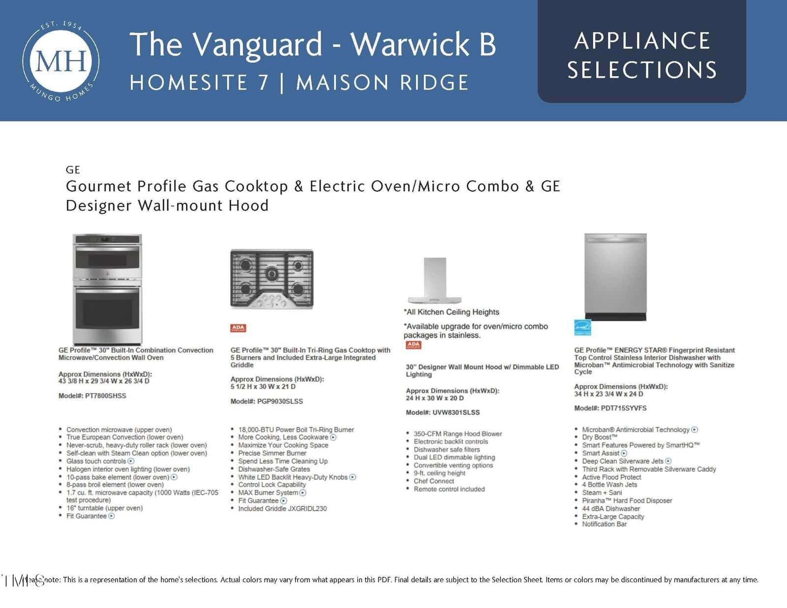 Appliance selections sheet for The Vanguard - Warwick B, listing GE Gourmet Profile gas cooktop, electric oven/micro combo, designer wall-mount hood, and GE Profile dishwasher, with product images and specifications shown.