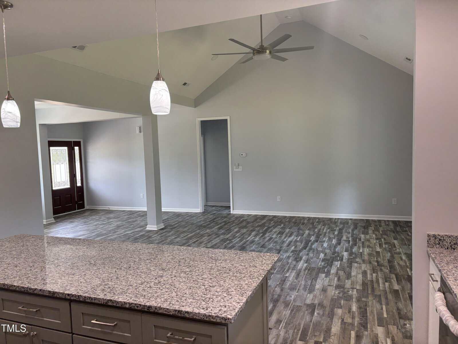 Open living area with gray wood-look flooring, light gray walls, vaulted ceiling with ceiling fan, pendant lights, granite countertops, and a front door with glass panels visible in the background.